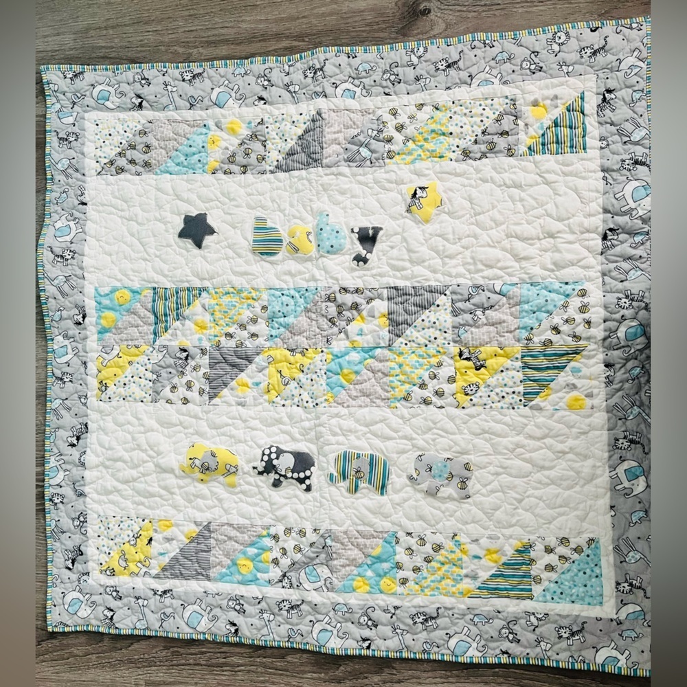 Handmade Baby Patchwork Quilt in Yellow, Aqua & Gray elephants